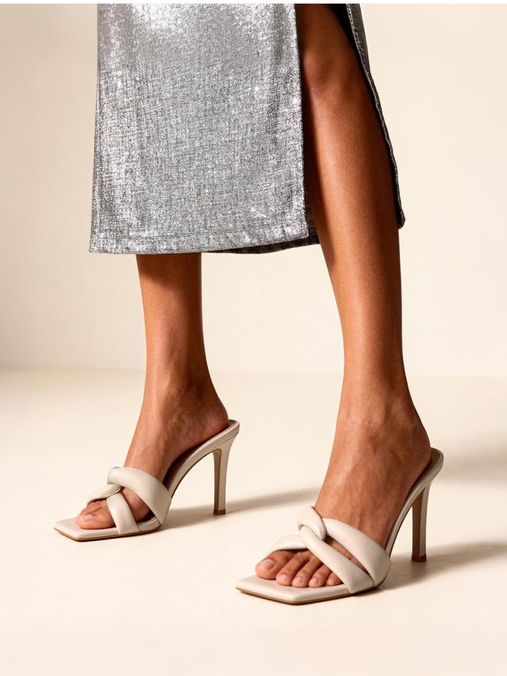 Beige 3.5 inch stiletto heels with square toe